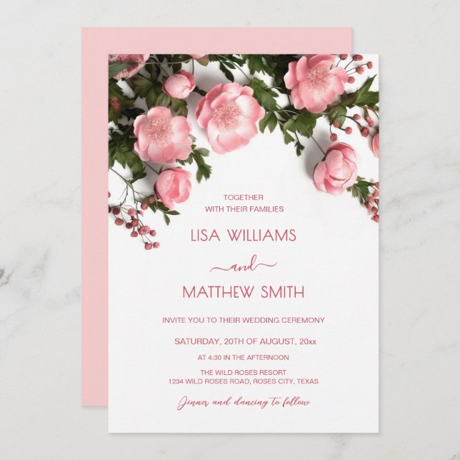 Elegant Pink White 3D Roses Wedding Invitation (Front/Back)
