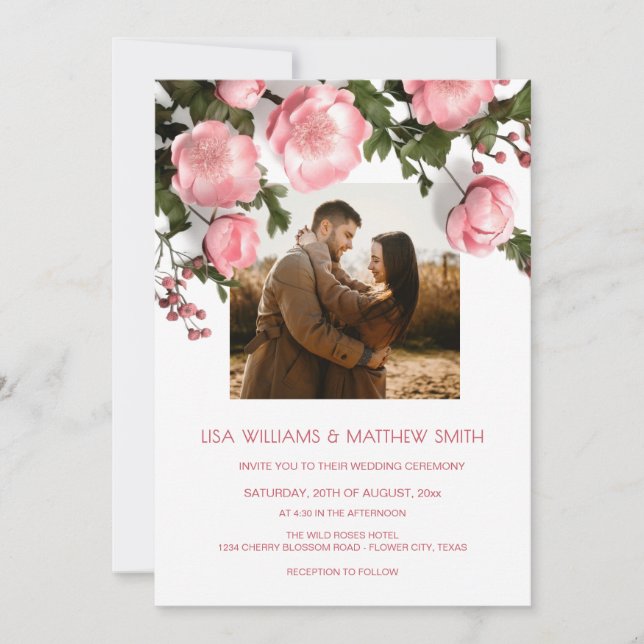Elegant Pink White 3D Roses Wedding Invitation (Front)
