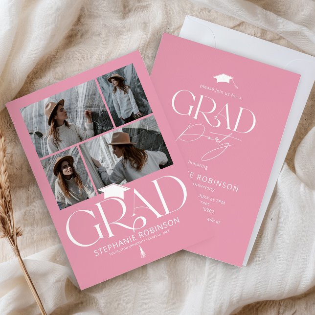 Elegant Pink & White 4 Photo Graduation Party Invitation (Creator Uploaded)