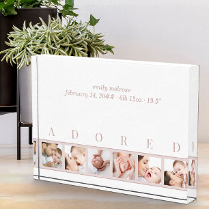 Elegant Pink White ADORED Baby Birth Stats and 6 Photo Block