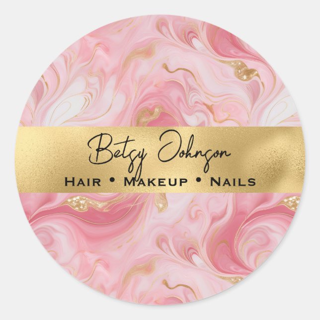 Elegant Pink White and Gold Marbled Classic Round Sticker (Front)
