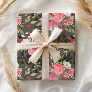 Elegant Pink White Black Rose Floral Wrapping Paper