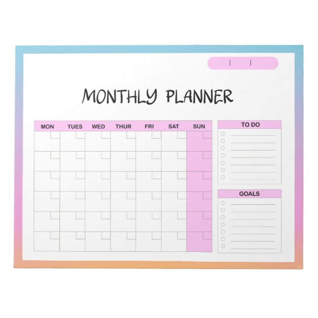 Elegant Pink White Blank Monthly Calendar Planner  Notepad (Front)