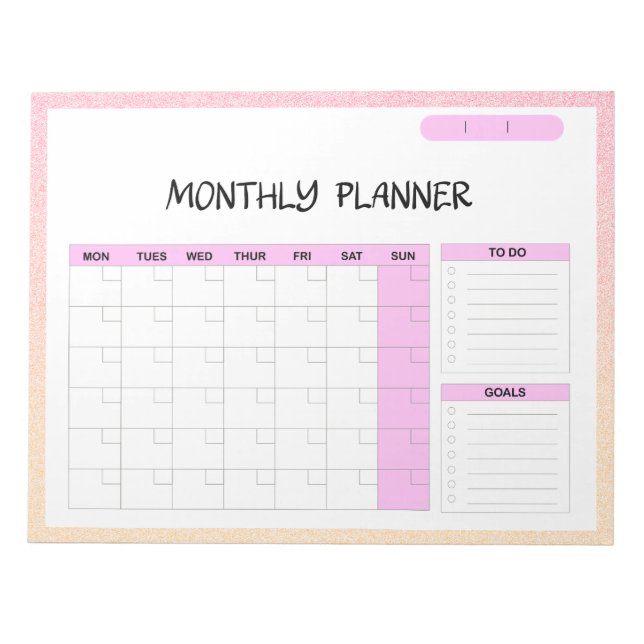 Elegant Pink White Blank Monthly Calendar Planner  Notepad (Front)