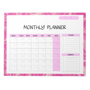 Elegant Pink White Blank Monthly Calendar Planner  Notepad