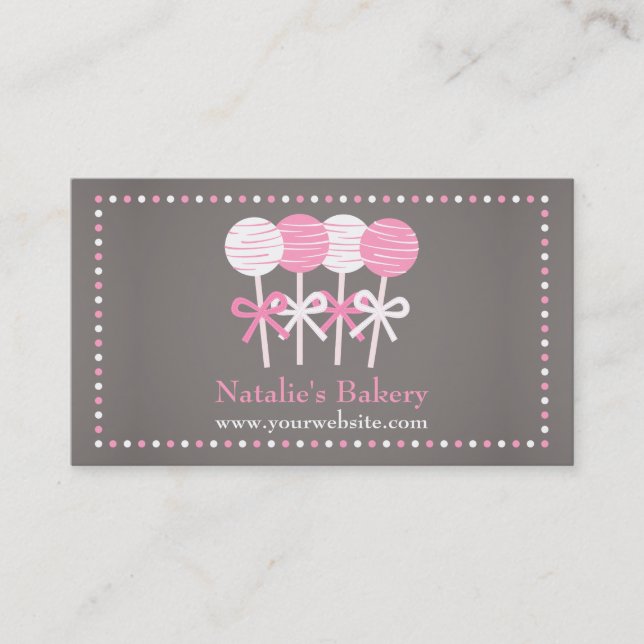 Elegant Pink White Cake Pops Bakery Grey Business Card (Front)