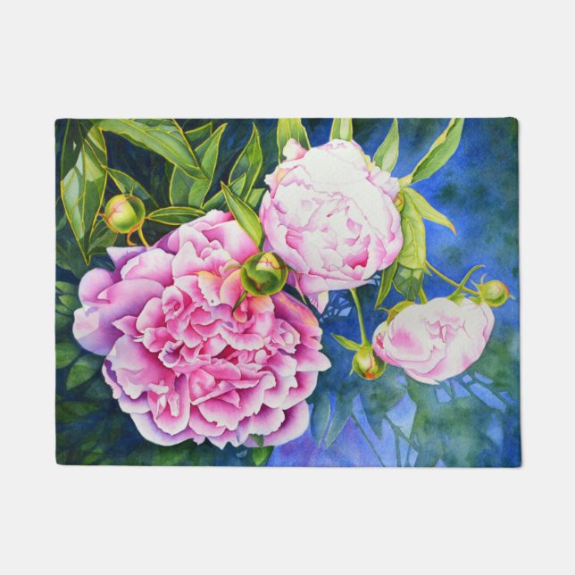 Elegant pink white classic watercolor floral doormat (Front)