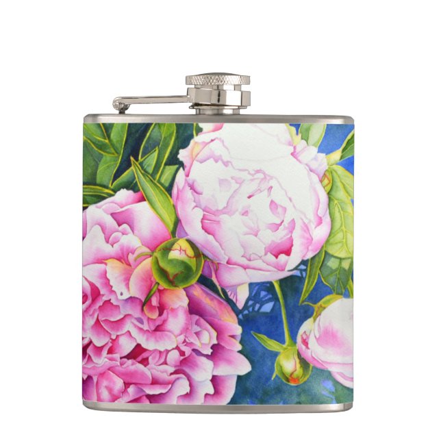 Elegant pink white classic watercolor floral hip flask (Front)