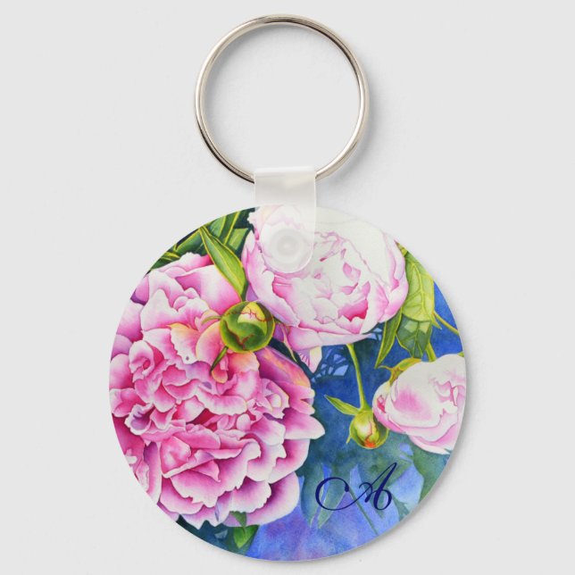Elegant pink white classic watercolor floral key ring (Front)