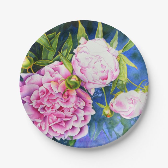 Elegant pink white classic watercolor floral paper plate (Front)