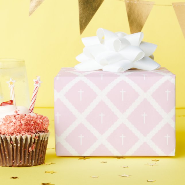 Elegant pink white cross pattern baptism wrapping paper (Birthday Party)