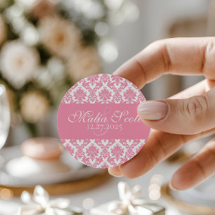Elegant Pink White Damask Wedding Favour Classic Round Sticker