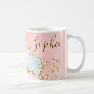Elegant Pink & White & Faux Gold Glitter Agate Coffee Mug
