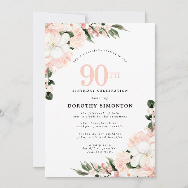 Elegant Pink White Floral 90th Birthday Invitation (Front)