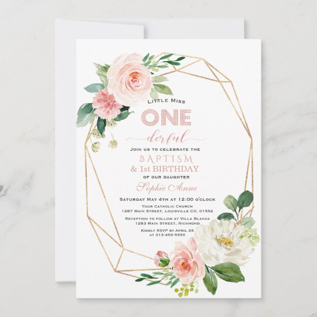 Elegant Pink White Floral Baptism & First Birthday Invitation (Front)