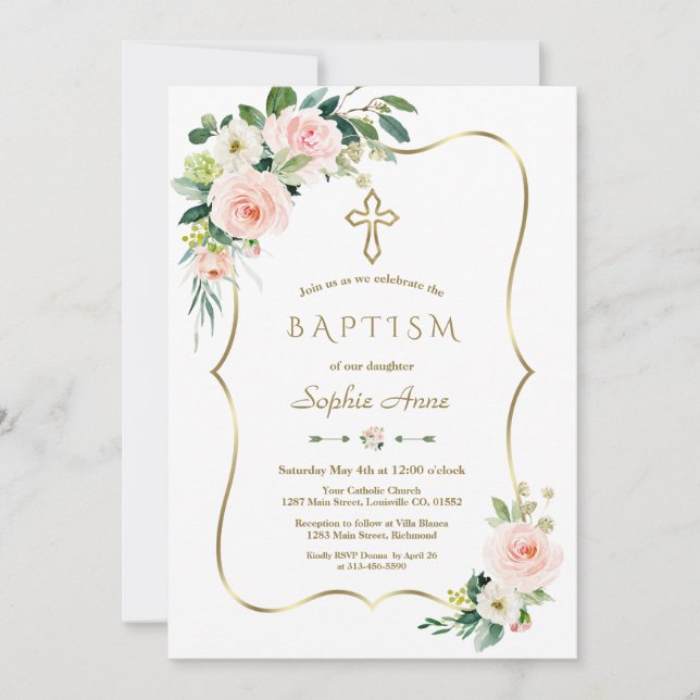 Elegant Pink White Floral Bloom Gold Cross Baptism Invitation (Front)