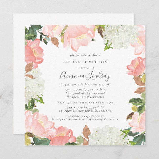 Elegant Pink White Floral Bridal Luncheon Invitation (Front/Back)