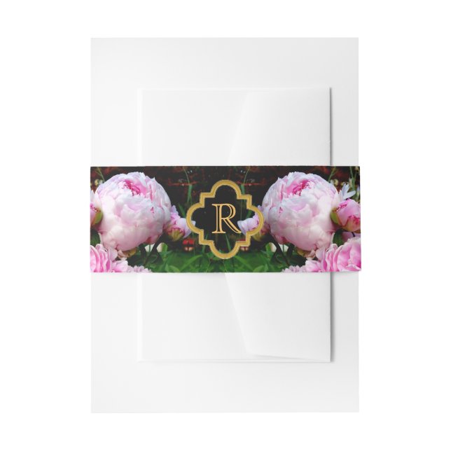 Elegant pink white floral flowers peonies invitation belly band (Front Example)