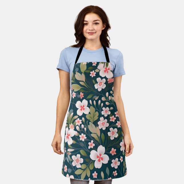 Elegant Pink & White Floral Pattern  Apron (Worn)