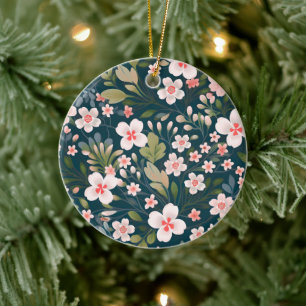 Elegant Pink & White Floral Pattern  Ceramic Ornament