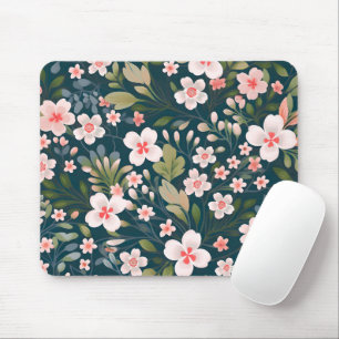 Elegant Pink & White Floral Pattern Mouse Pad