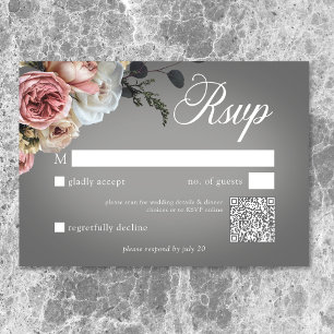 Elegant Pink White Floral Rose Grey Wedding QR RSVP Card