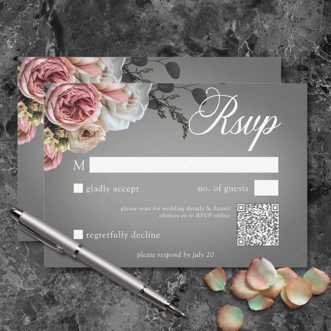 Elegant Pink White Floral Roses Grey Wedding QR RSVP Card (Elegant Pink White Floral Roses Gray Wedding QR RSVP Card)