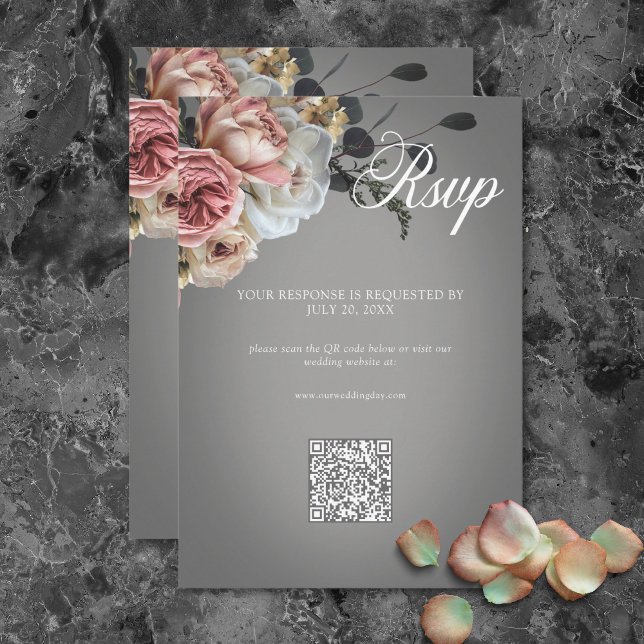 Elegant Pink White Floral Roses Grey Wedding QR RSVP Card (Elegant Pink White Floral Roses Gray Wedding QR RSVP Card)