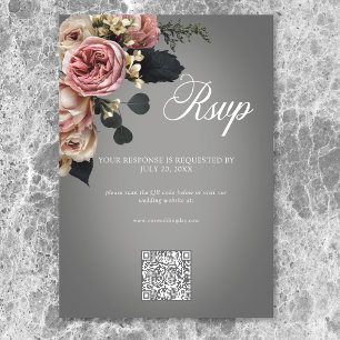 Elegant Pink White Floral Roses Grey Wedding QR RSVP Card