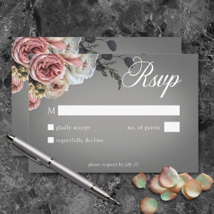 Elegant Pink White Floral Roses Grey Wedding RSVP Card
