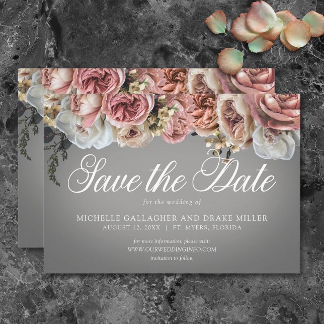 Elegant Pink White Floral Roses Grey Wedding Save The Date (Elegant Pink White Floral Roses Gray Wedding Save The Date)