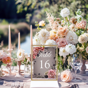 Elegant Pink White Floral Roses Grey Wedding Table Number