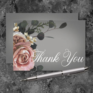 Elegant Pink White Floral Roses Grey Wedding Thank You Card