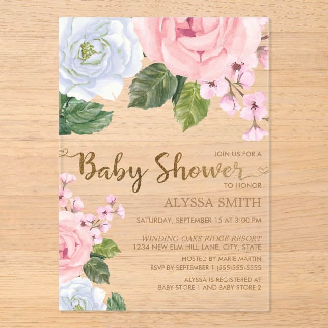 Elegant Pink White Floral Roses Script Baby Shower Acrylic Invitations (Front)
