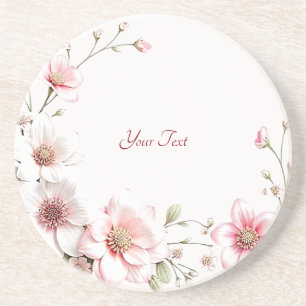 Elegant Pink White Floral Sandstone Coaster