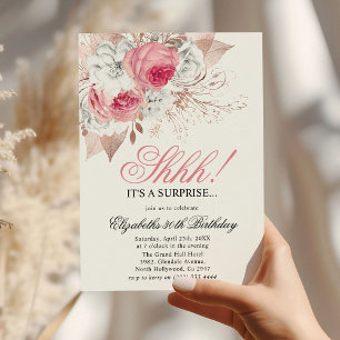 Elegant Pink & White Floral Shhh Surprise Birthday Invitation
