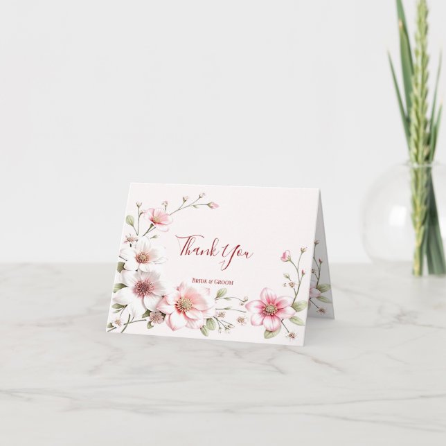 Elegant Pink White Floral Thank You Card (Front)