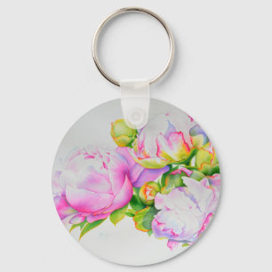 Elegant pink white floral watercolor painting key ring