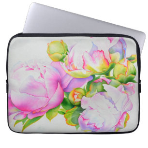Elegant pink white floral watercolor painting laptop sleeve