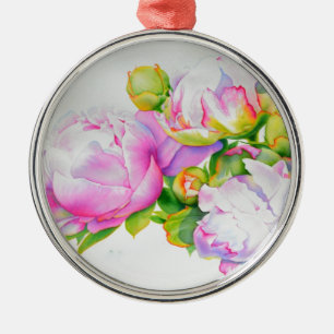 Elegant pink white floral watercolor painting metal ornament