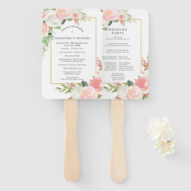 Elegant Pink White Floral Wedding Program  Hand Fan (Front and Back)