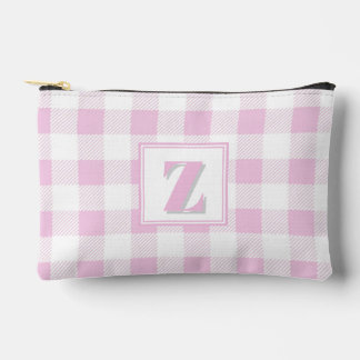 Elegant pink white gingham customisable monogram  accessory pouch