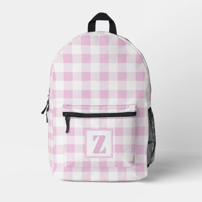 Elegant pink white gingham customisable monogram  printed backpack (Front)