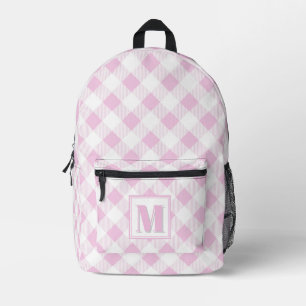 Elegant pink white gingham customisable monogram printed backpack