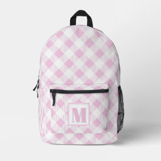 Elegant pink white gingham customisable monogram  printed backpack