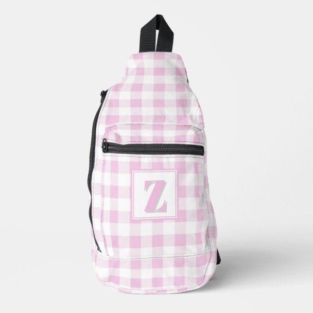 Elegant pink white gingham customisable monogram  sling bag (Front)