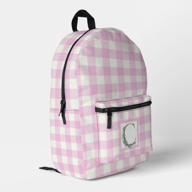 Elegant pink white gingham monogram letter C Printed Backpack (Back Corner Left)