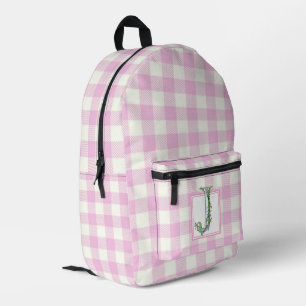 Elegant pink white gingham monogram letter J Printed Backpack