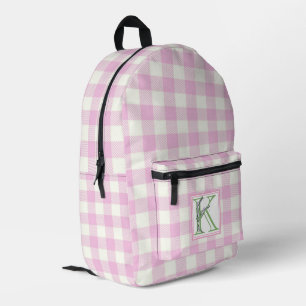 Elegant pink white gingham monogram letter K Printed Backpack