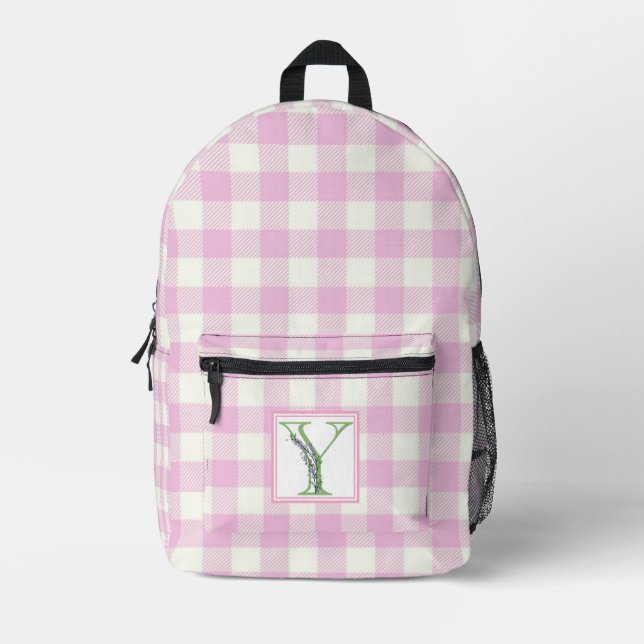 Elegant pink white gingham monogram letter Y Printed Backpack (Front)